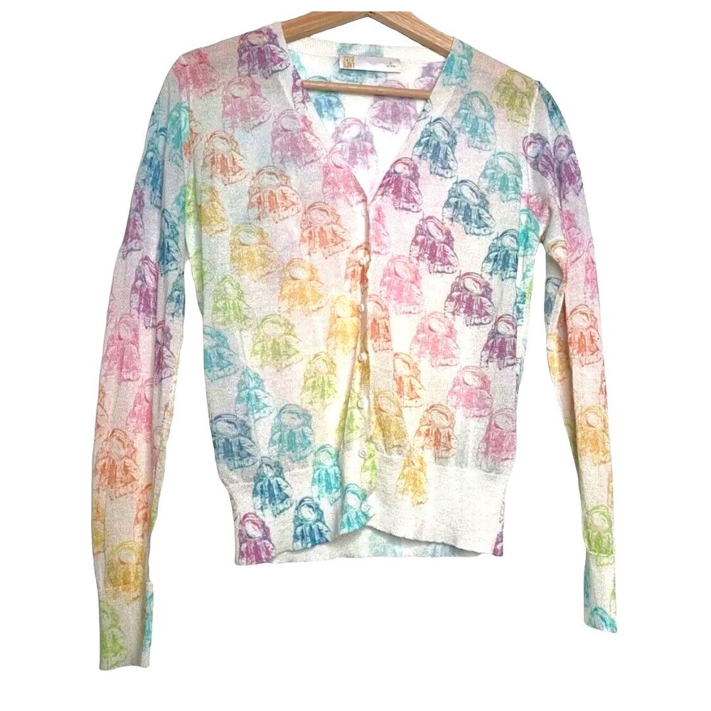 Cardigan Sweater Womens Multicolor Novelty Long Sleeve Astronaut Linen Blend S